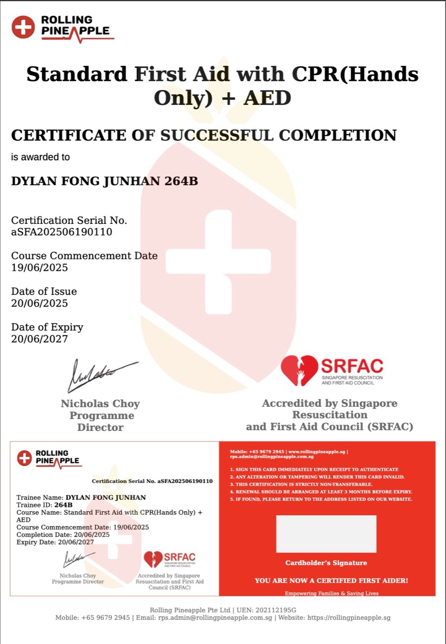 SRFAC accredited CPR and AED certificate held by 02H Swim School coach Dylan Fong