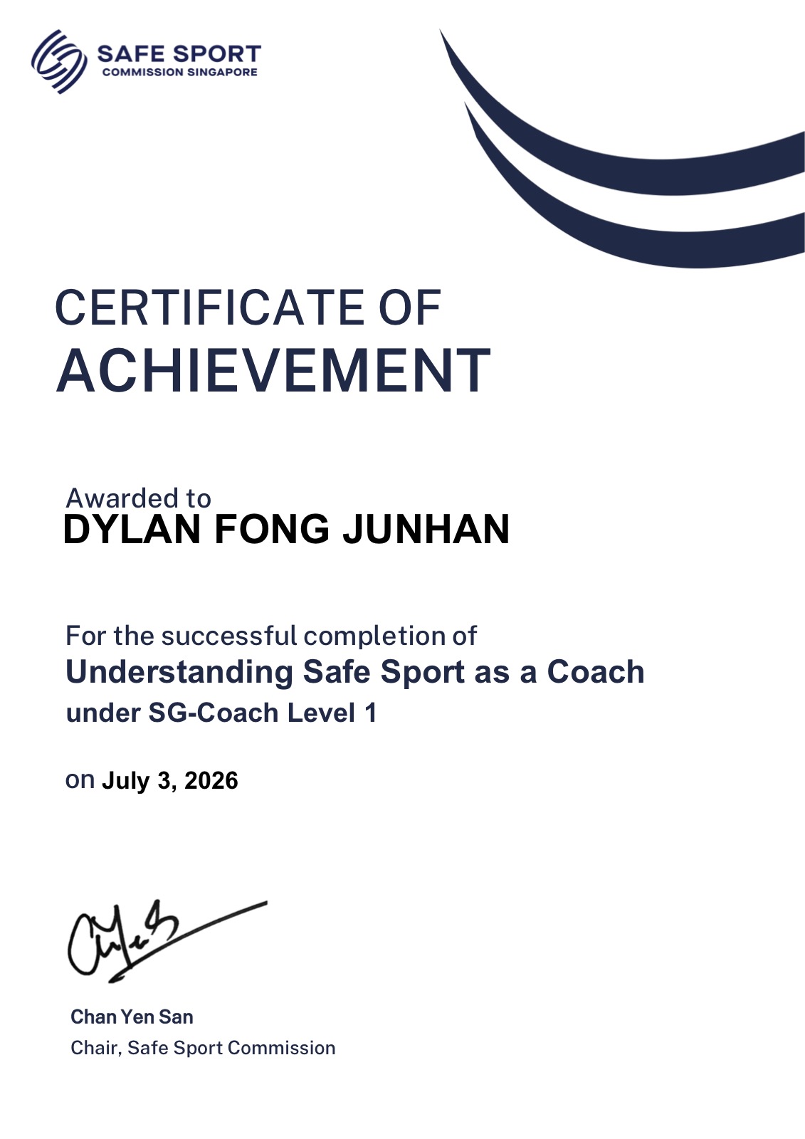 Level 1 Sports Coaching certificate awarded to 02H Swim School coach Dylan Fong in Singapore