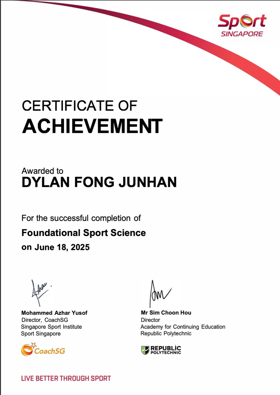 Republic Polytechnic Foundational Sport Science FSS certification for 02H Swim School coach Dylan Fong