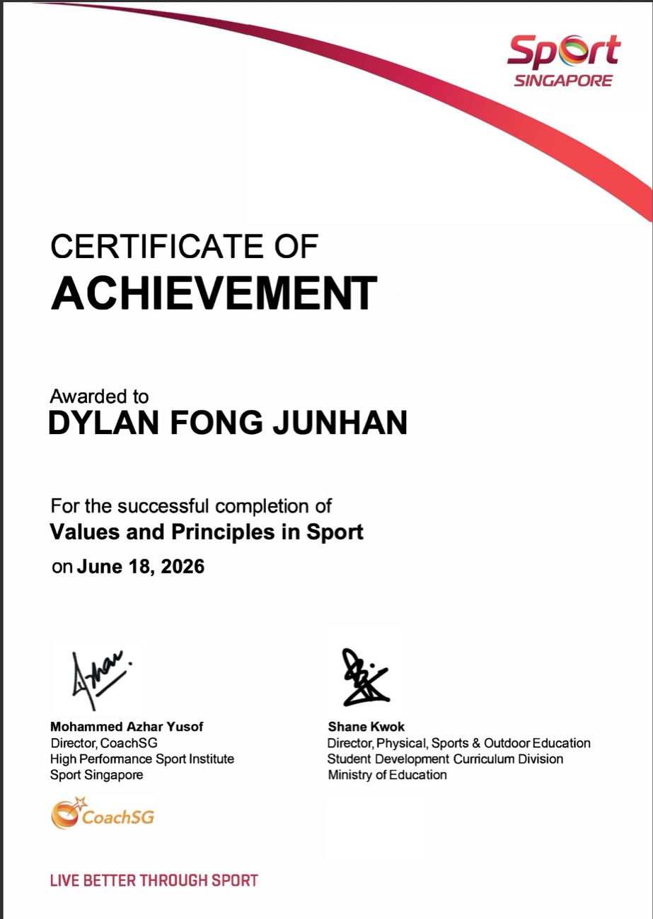 Values and Principles in Sport certificate awarded to 02H Swim School coach Dylan Fong