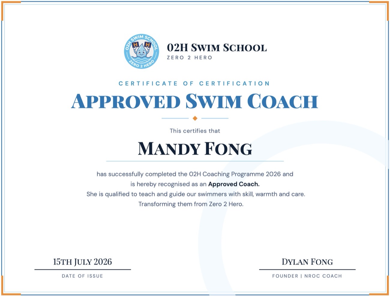 02H Swim School coach certification awarded to Mandy Fong in Singapore