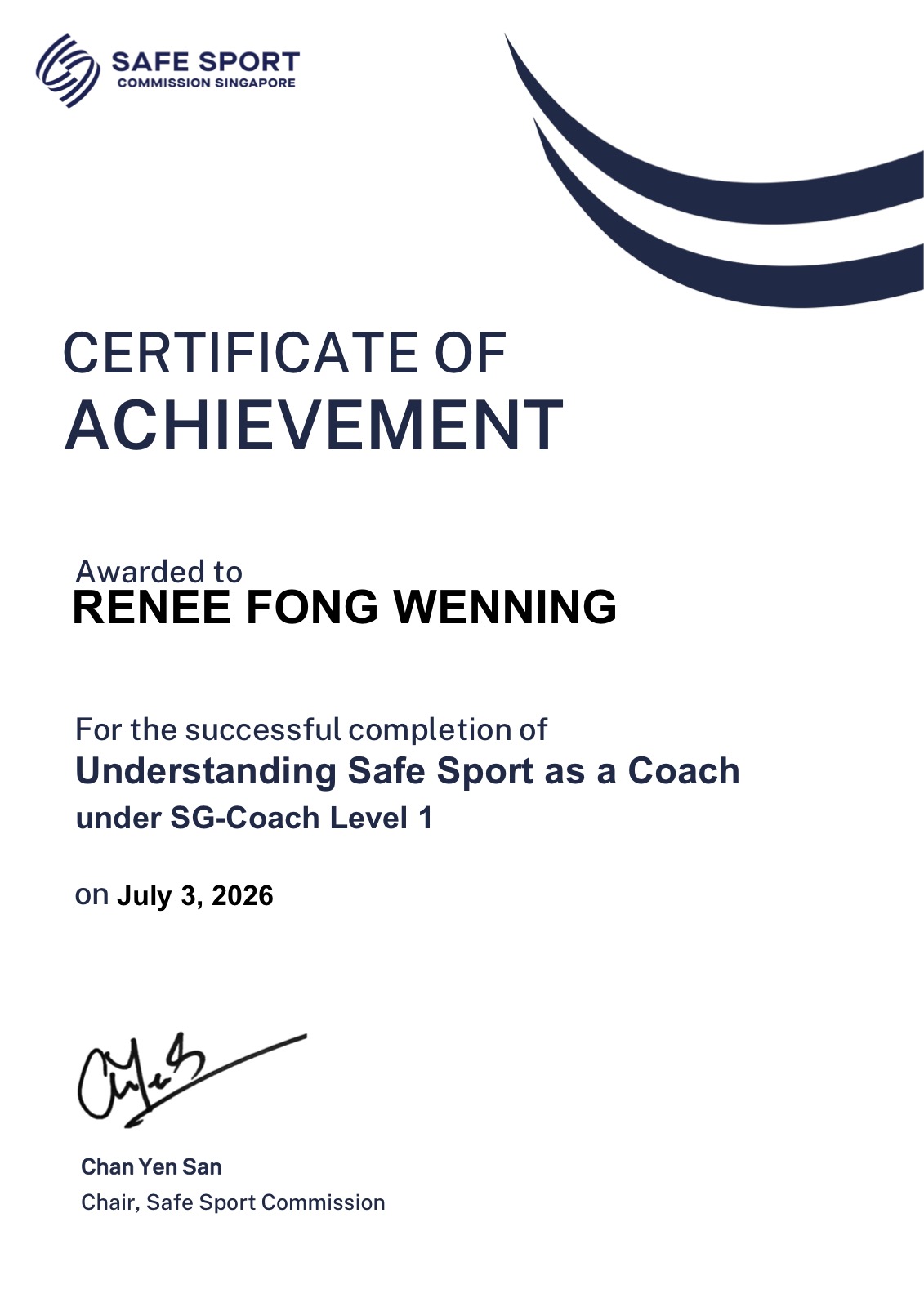 Level 1 Sports Coaching certificate awarded to 02H Swim School coach Renee Fong in Singapore