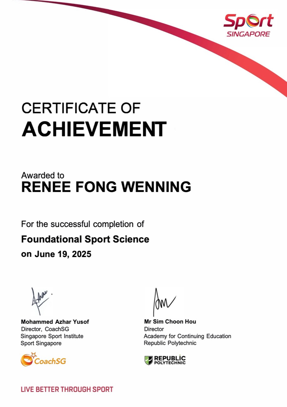 Republic Polytechnic Foundational Sport Science FSS certification for 02H Swim School coach Renee Fong