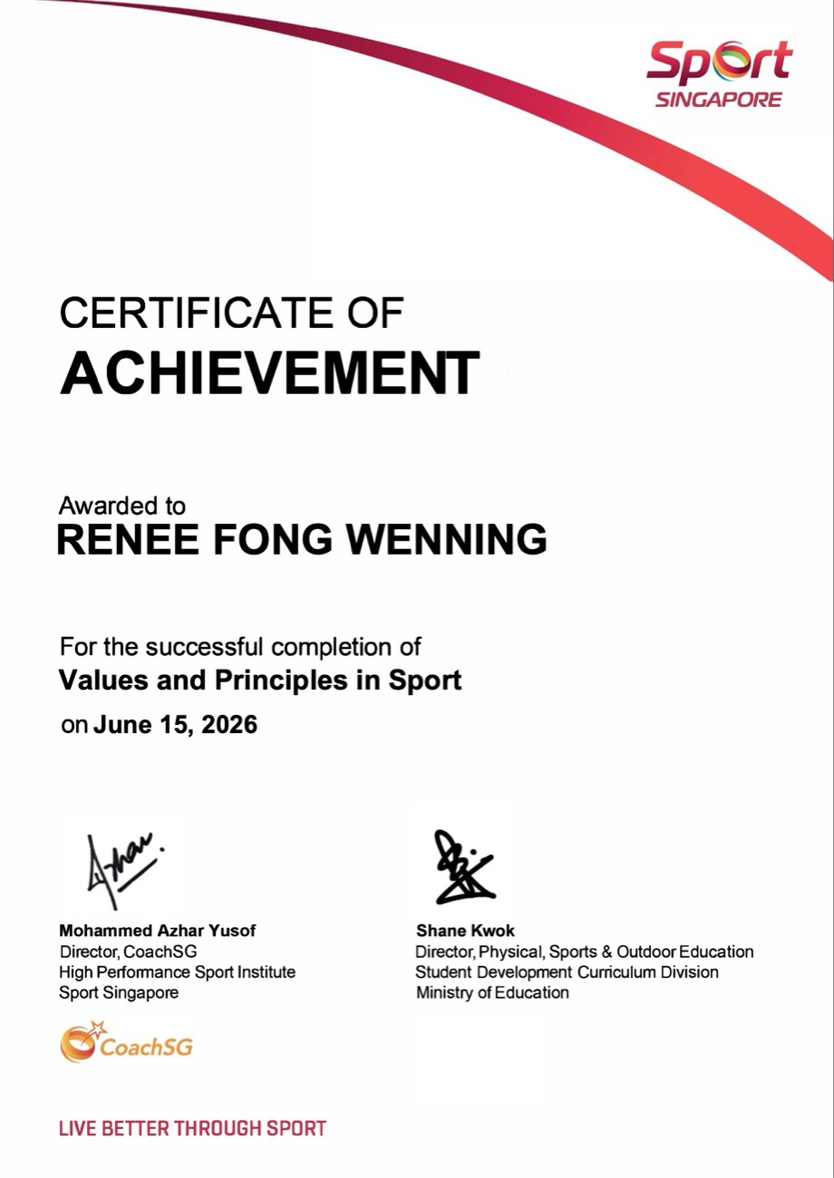 Values and Principles in Sport certificate awarded to 02H Swim School coach Renee Fong