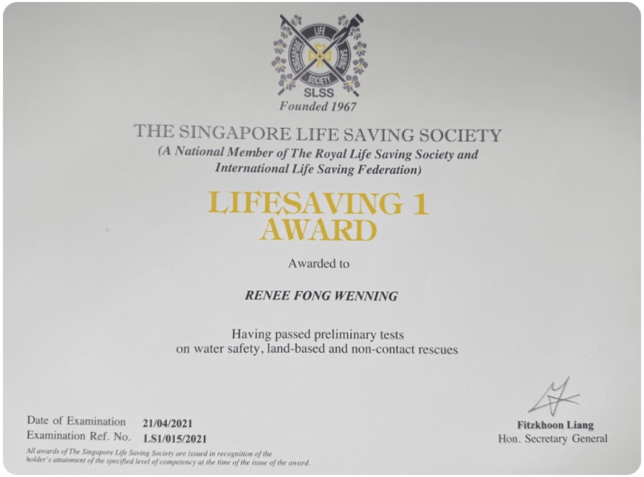 Singapore Lifesaving Society SLSS Lifesaving 1 certificate held by 02H Swim School coach Renee Fong