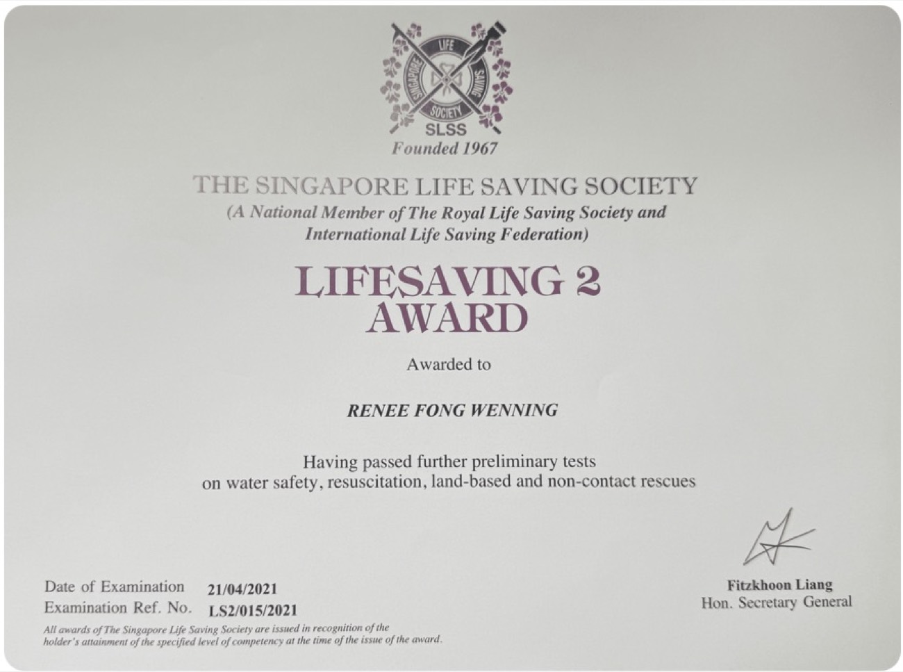 Singapore Lifesaving Society SLSS Lifesaving 2 certificate held by 02H Swim School coach Renee Fong