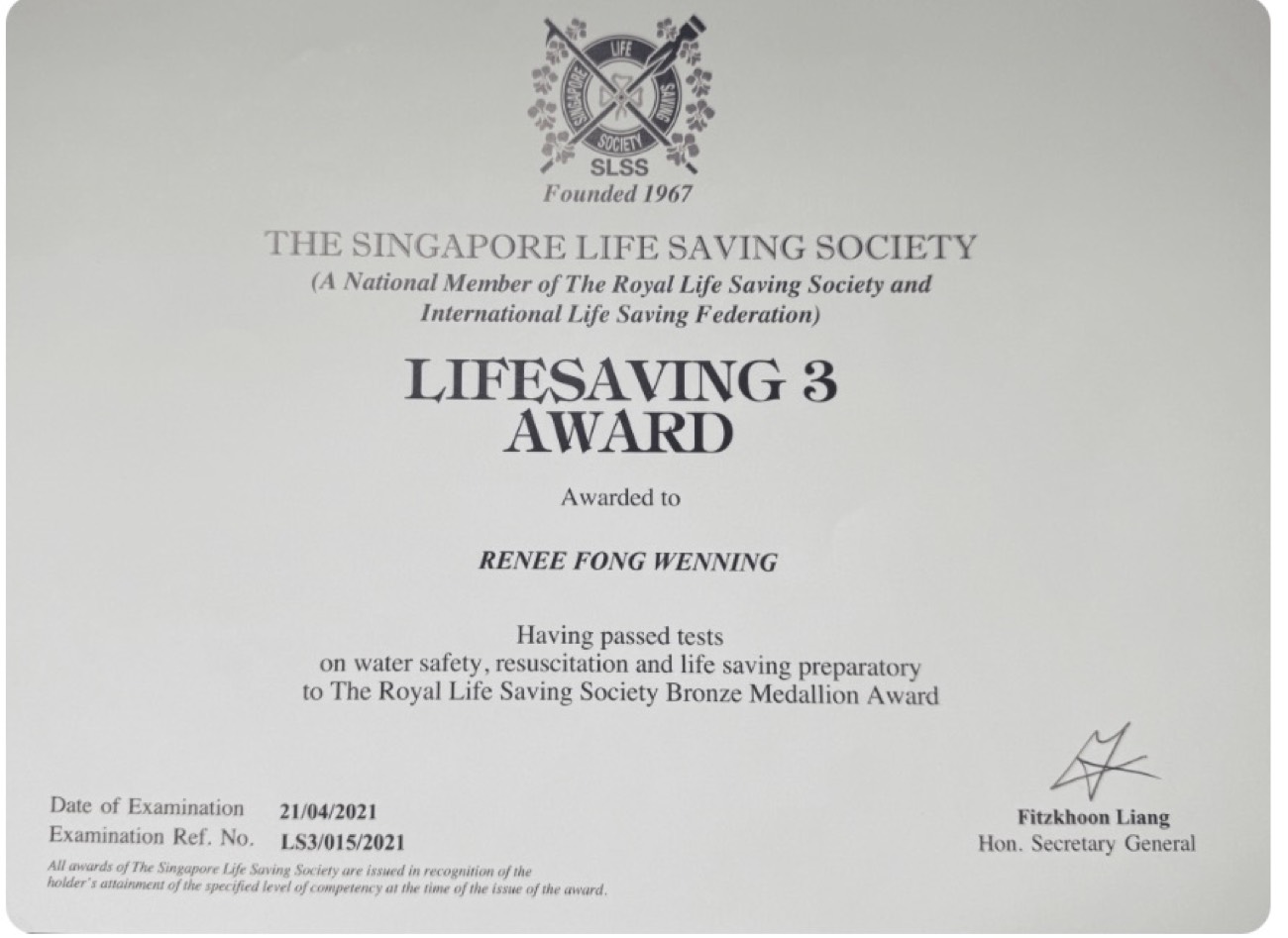 Singapore Lifesaving Society SLSS Lifesaving 3 certificate held by 02H Swim School coach Renee Fong
